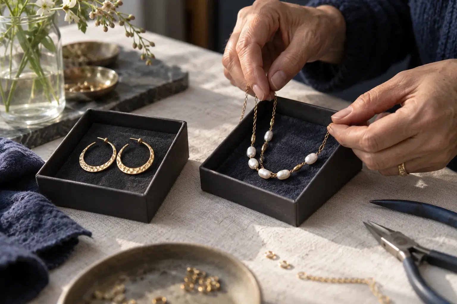 Bijoux artisanaux disposés dans de petits écrins protecteurs.