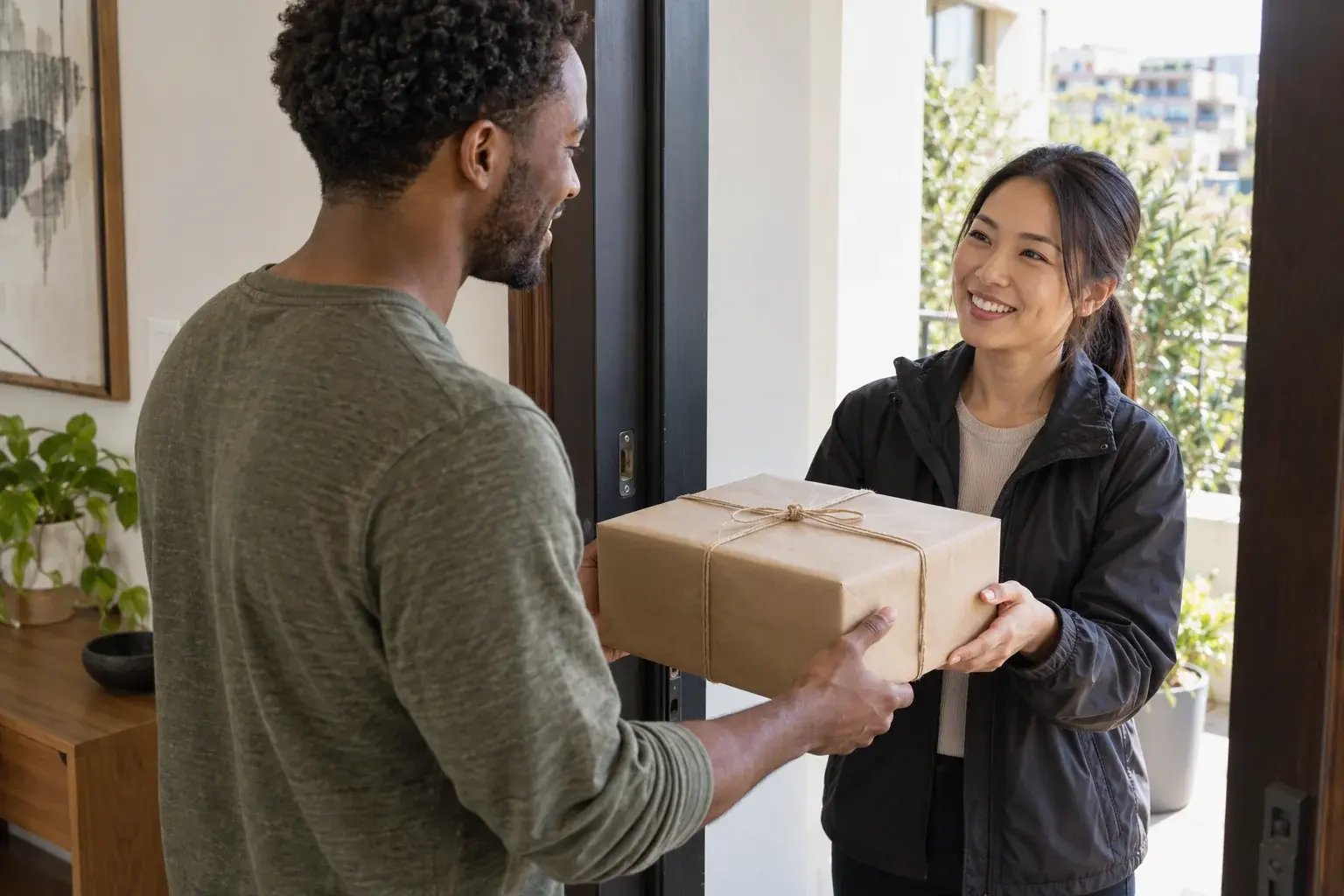 Un client reçoit une livraison préparée avec soin à son domicile.