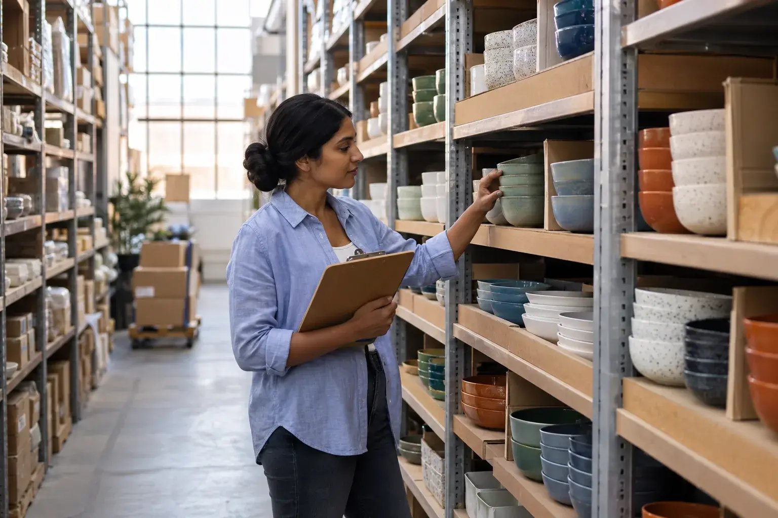 An inventory specialist counts ceramic stock in organized warehouse bins.