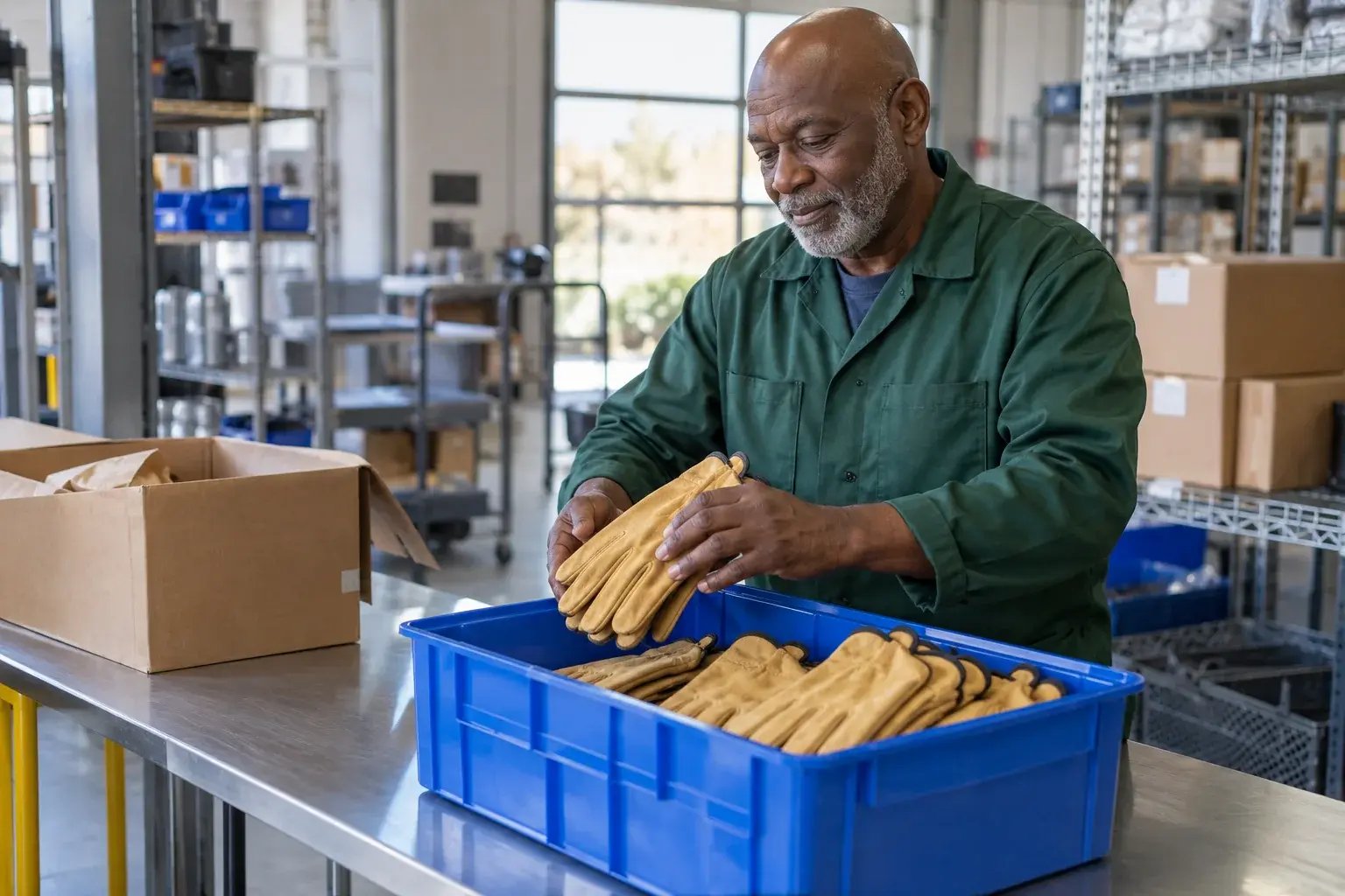 A receiving worker adds incoming products to organized inventory.