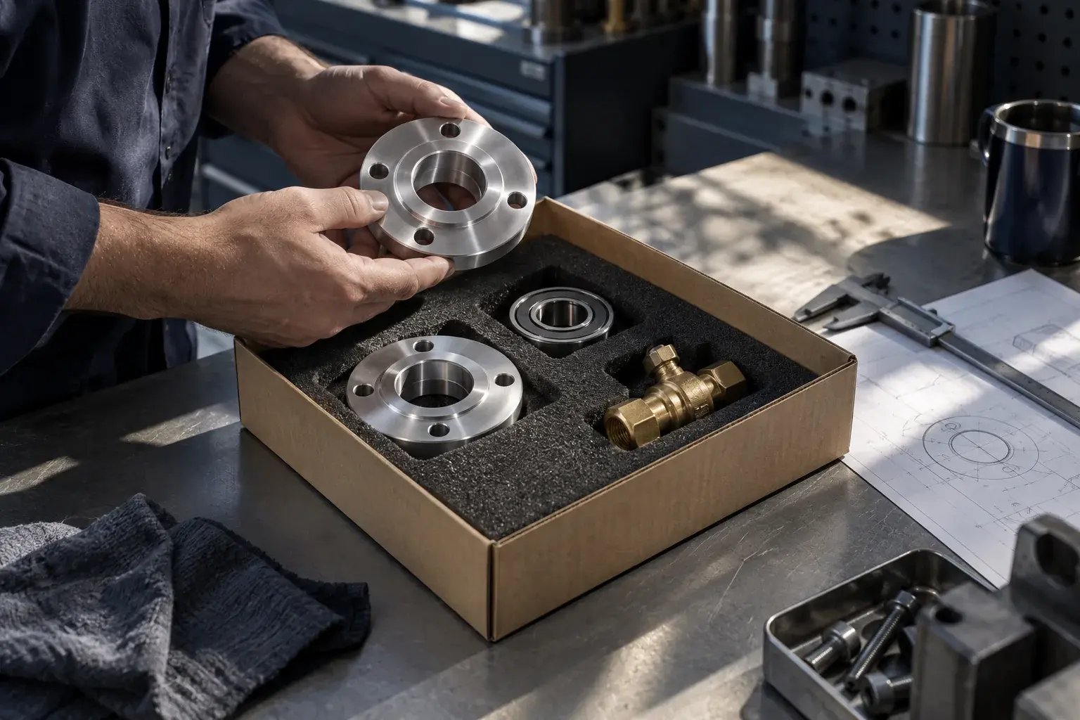 Pièces de précision maintenues dans une mousse protectrice adaptée.