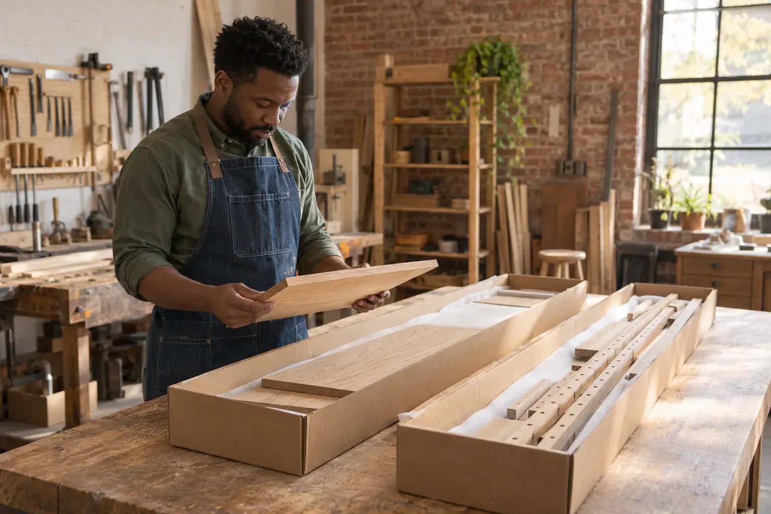 A furniture maker prepares one shelving unit across separate packages.