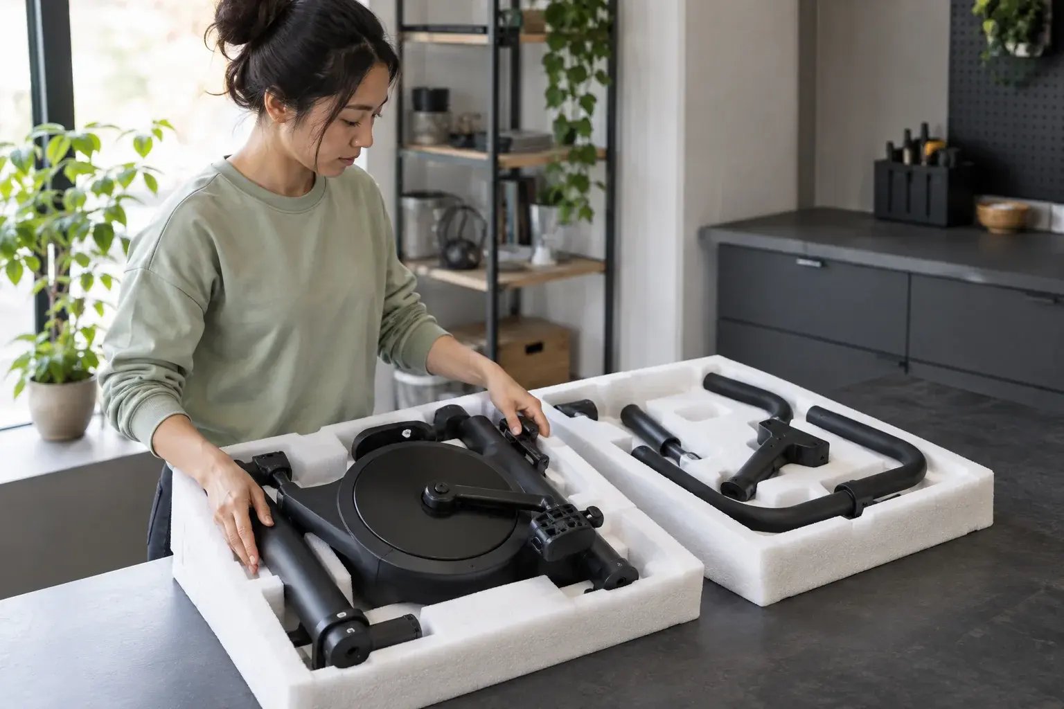 An exercise bike's components are prepared in separate fitted packages.