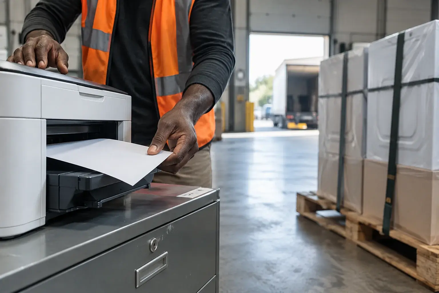 A freight coordinator collects documents beside a secured pallet.