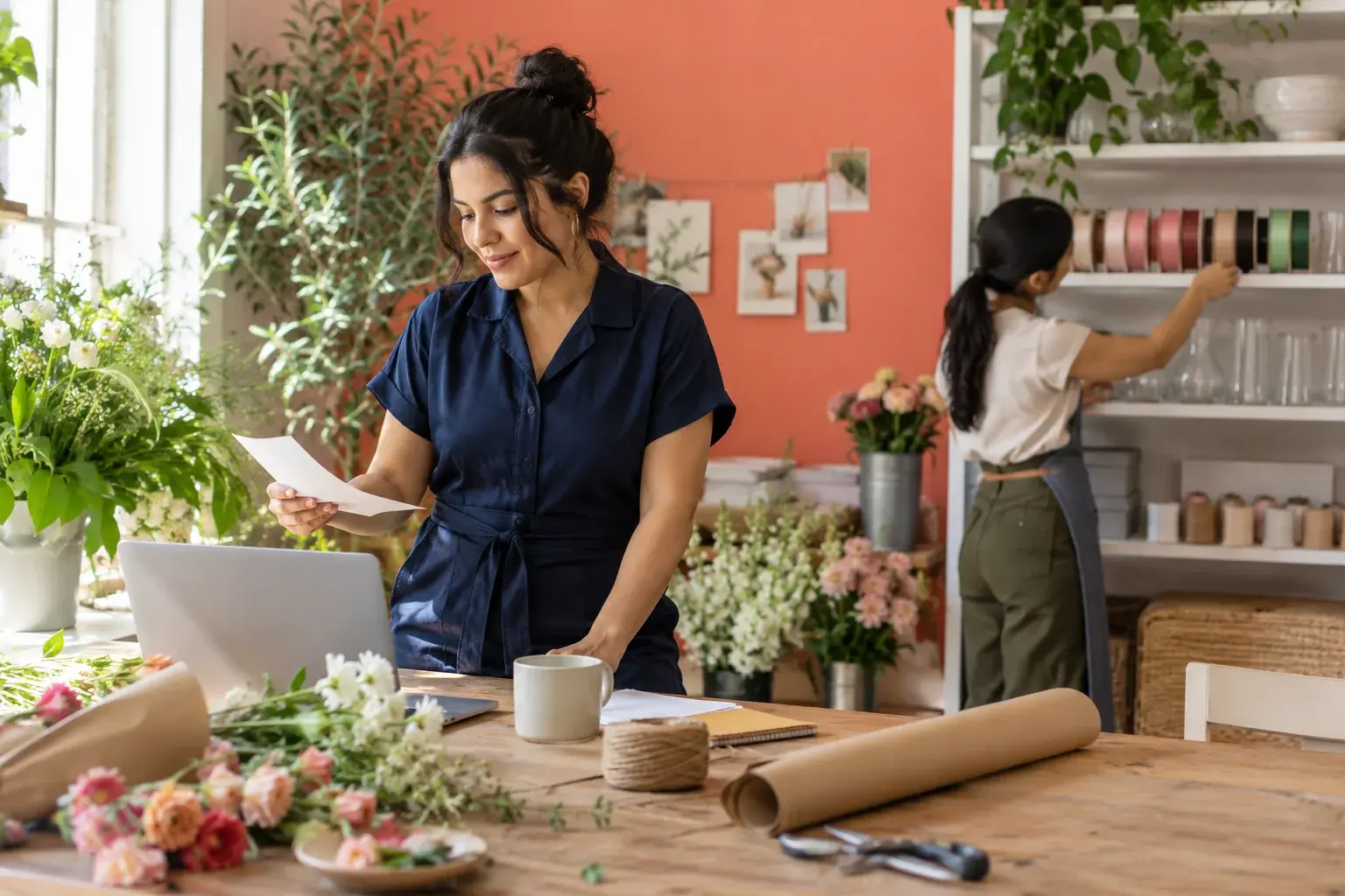A business owner reviews orders while a colleague prepares products.