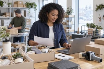 Responsable des opérations regroupant les commandes selon les emballages et services d’expédition habituels, à un poste avec ordinateur portable