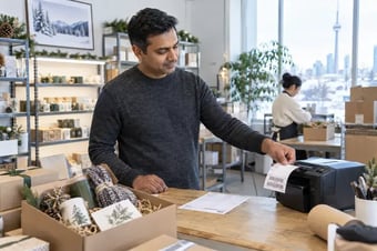 Responsable des expéditions récupérant une étiquette près d’une imprimante thermique et d’un bordereau d’emballage distinct