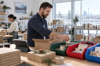 Propriétaire d’entreprise répartissant les commandes de produits dans des bacs de couleur étiquetés, près d’une tablette