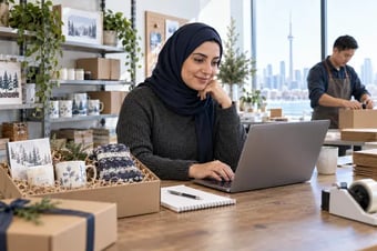 Détaillant vérifiant une commande client sur un ordinateur portable, près des produits correspondants