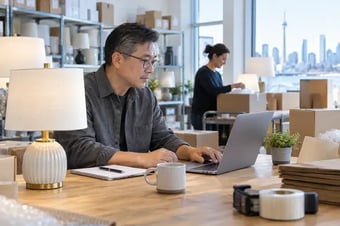Détaillant vérifiant une commande client sur un ordinateur portable, près des produits correspondants