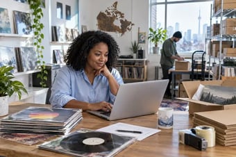 Retailer reviewing a customer order on a laptop beside the corresponding products