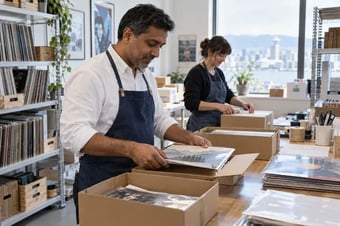 Two colleagues preparing a batch of three separate customer parcels at a tidy dispatch bench