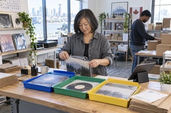 Business owner sorting product orders into labelled, coloured trays beside a tablet