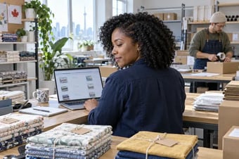 Responsable des opérations regroupant les commandes selon les emballages et services d’expédition habituels, à un poste avec ordinateur portable