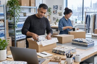 Deux collègues préparant un lot de trois colis clients distincts à une table d’expédition bien rangée