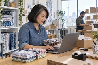 Détaillant vérifiant une commande client sur un ordinateur portable, près des produits correspondants