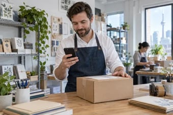 Membre du service à la clientèle vérifiant le statut d’un envoi sur un téléphone, près d’un colis prêt à expédier