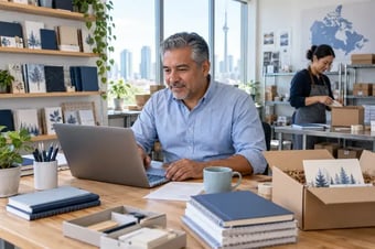 Détaillant vérifiant une commande client sur un ordinateur portable, près des produits correspondants