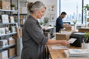 Responsable des expéditions récupérant une étiquette près d’une imprimante thermique et d’un bordereau d’emballage distinct