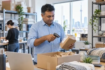 Membre de l’équipe de traitement des commandes vérifiant un produit avec un lecteur de codes-barres portatif à une table d’emballage