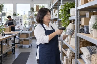 Responsable de la réserve vérifiant les produits sur des étagères organisées avec un lecteur portatif