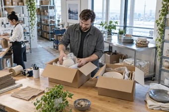 Commerçant répartissant les composants d’un même produit volumineux dans deux boîtes d’expédition distinctes