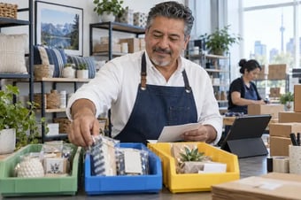 Propriétaire d’entreprise répartissant les commandes de produits dans des bacs de couleur étiquetés, près d’une tablette