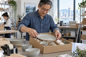 Merchant arranging the individual products of a gift set in fitted packaging