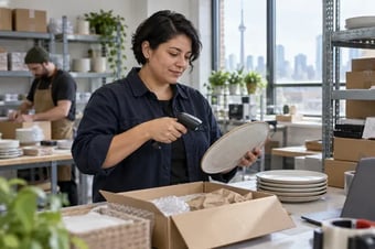 Order fulfilment worker checking a product with a handheld barcode scanner at a packing bench