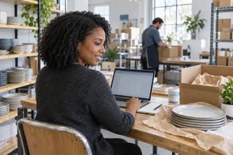 Retailer reviewing a customer order on a laptop beside the corresponding products