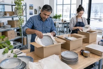 Two colleagues preparing a batch of three separate customer parcels at a tidy dispatch bench