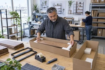 Maker comparing two box sizes and fitting a product into protective packaging