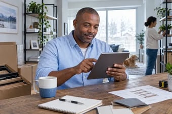 Customer seated at home choosing a delivery option while ordering products on a tablet