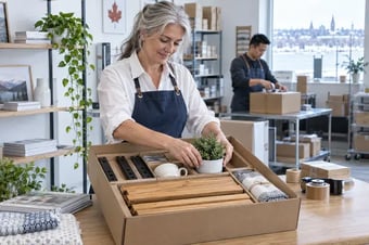Merchant arranging the individual products of a gift set in fitted packaging