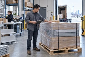 Warehouse specialist inspecting a secured pallet shipment at a clean dispatch dock