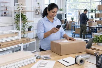 Customer service colleague checking shipment status on a phone beside a prepared parcel