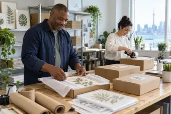 Two colleagues preparing a batch of three separate customer parcels at a tidy dispatch bench