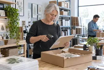 Order fulfilment worker checking a product with a handheld barcode scanner at a packing bench