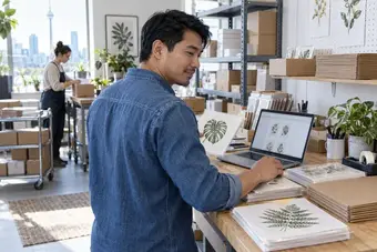 Operations lead grouping customer orders by recurring packaging and shipping service at a laptop station