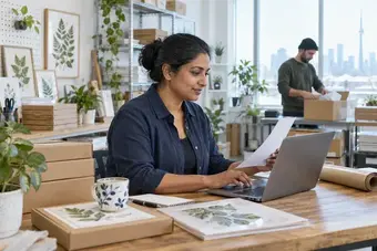 Retailer reviewing a customer order on a laptop beside the corresponding products