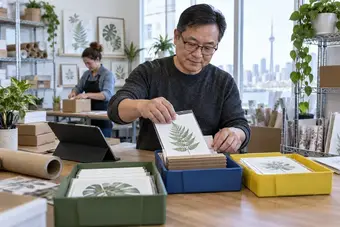 Business owner sorting product orders into labelled, coloured trays beside a tablet