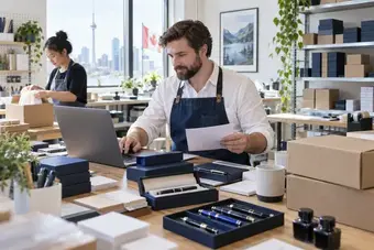 Operations lead grouping customer orders by recurring packaging and shipping service at a laptop station
