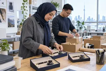 Two colleagues preparing a batch of three separate customer parcels at a tidy dispatch bench