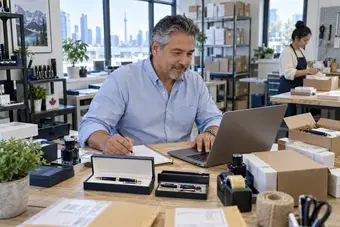 Business administrator organising a product order spreadsheet beside a packing area