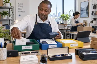 Business owner sorting product orders into labelled, coloured trays beside a tablet