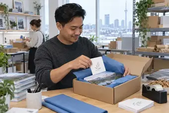 Merchant arranging matching tissue paper, a simple thank-you card and protective packaging for a customer order