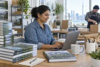 Retailer reviewing a customer order on a laptop beside the corresponding products