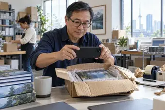 Business owner photographing packaging and product condition with a phone for a shipment claim