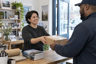 Small-business shipper handing a packed parcel to a courier at a bright shop entrance