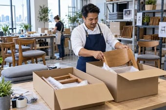 Merchant arranging the components of one large product in two separate shipping boxes